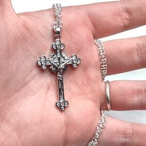 Christian Catholic Necklace Cross Zirconia 925 Silver Chain Jesus Christmas NEW